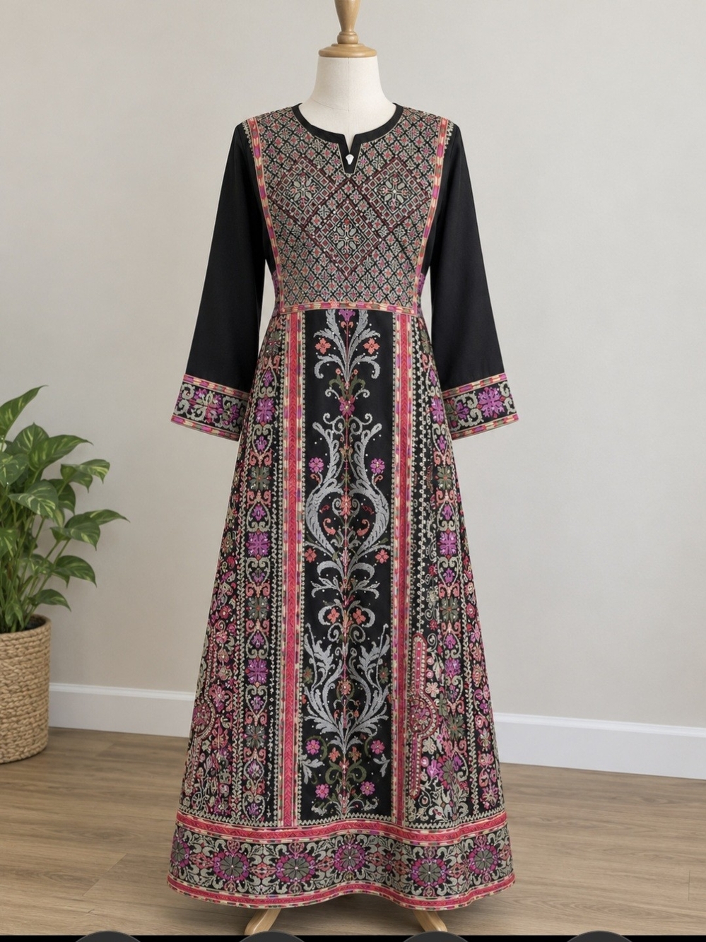 Embroidered Black & Pink Long-Sleeve Maxi Dress